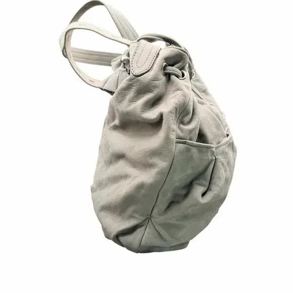 Ann Taylor LOFT Gray Leather Drawstring Shoulder Bag Tassel Slouchy Tote - Picture 5 of 13